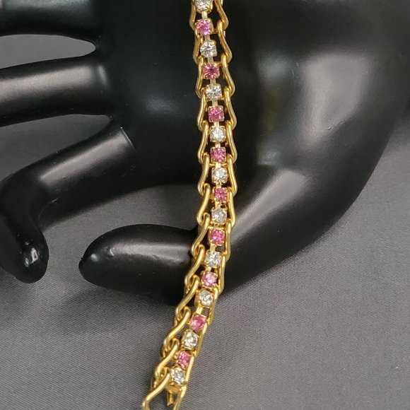 Womens Gold Tone Pink Clear Crystal Caged Tennis Fashion Bracelet 6 1/2 in - Picture 2 of 6